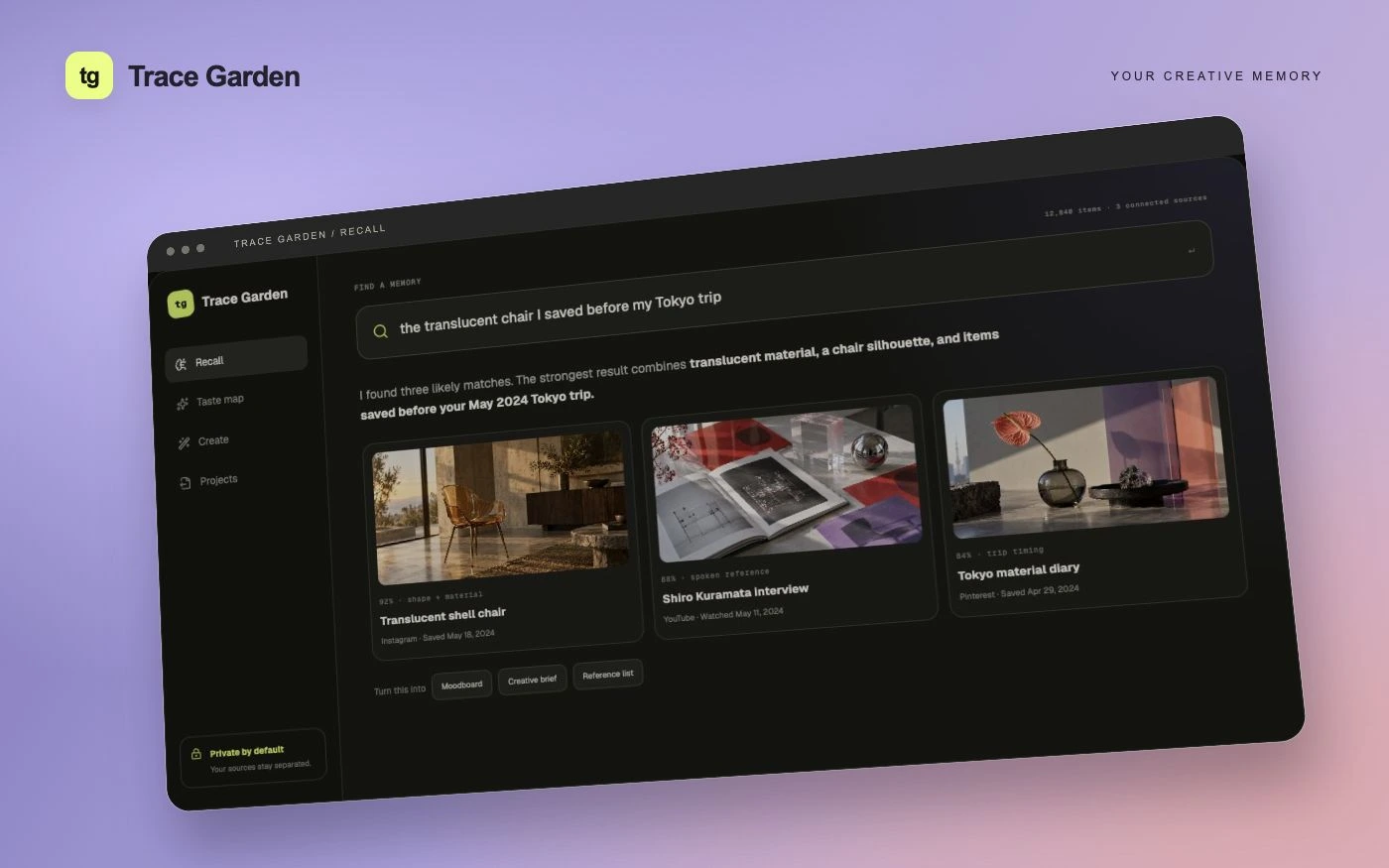Trace Garden product interface with memory search and reference results